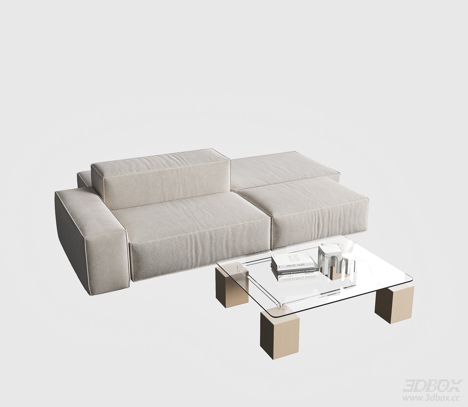 Cream Style Modular Fabric Sofa with Glass Coffee Table