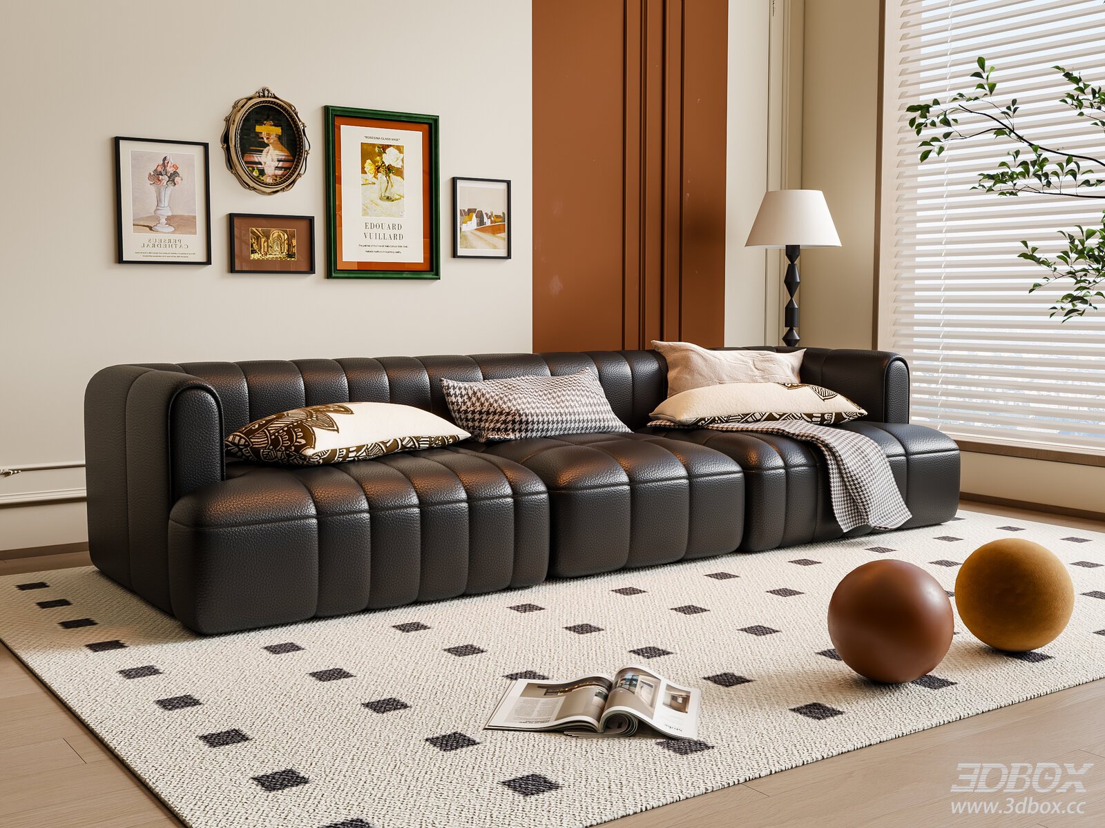 Modern Black Leather 3-seater Sofa Set