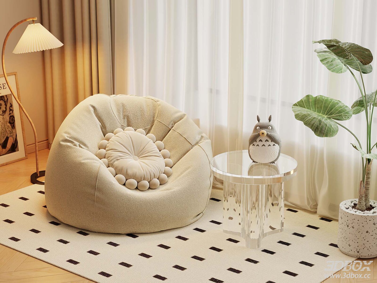 Cream Style Fabric Bean Bag Sofa with Acrylic Side Table