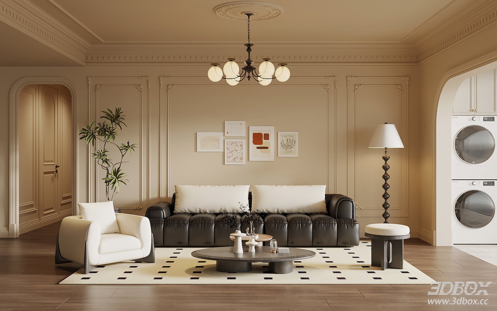 French Style Living Room with Leather Sofa and Coffee Table