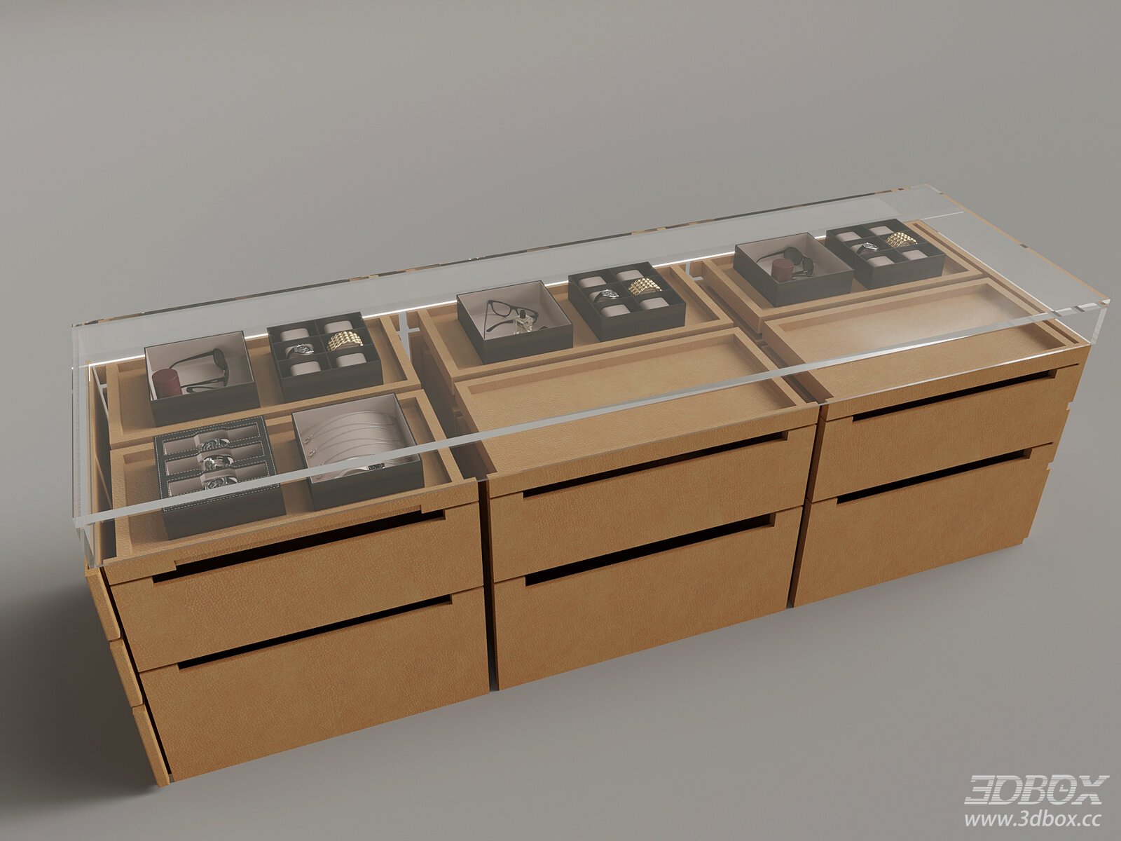 Modern Jewelry Display Cabinet with Glass Top and Drawers