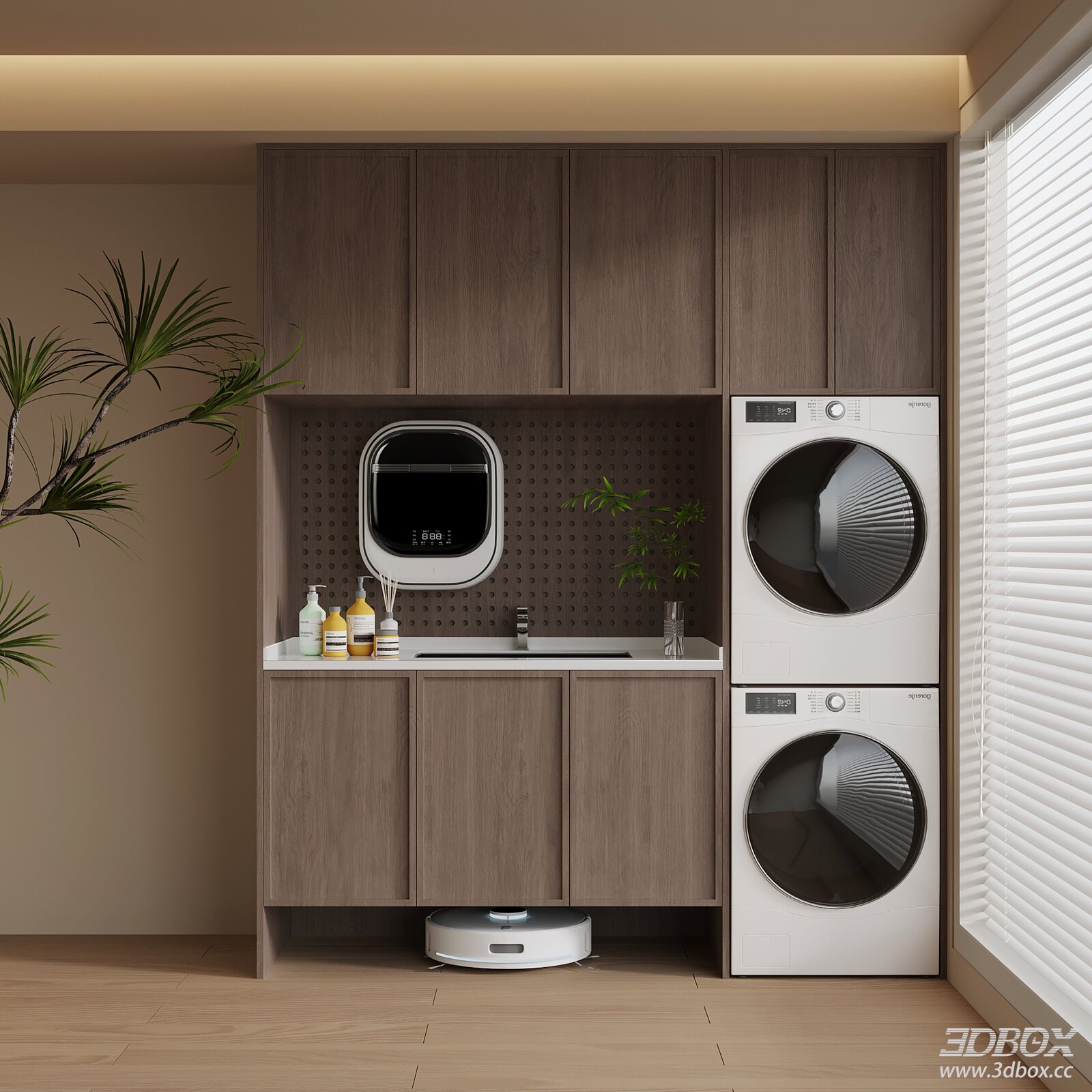 Modern Balcony Laundry Cabinet Scene with Washing Machines