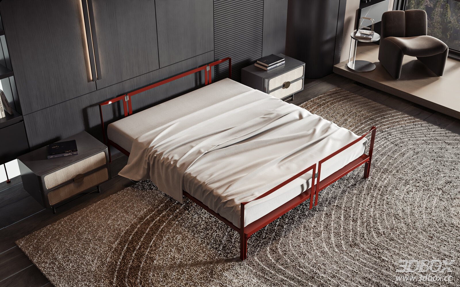 Modern Minimalist Bedroom with Double Bed and Nightstands
