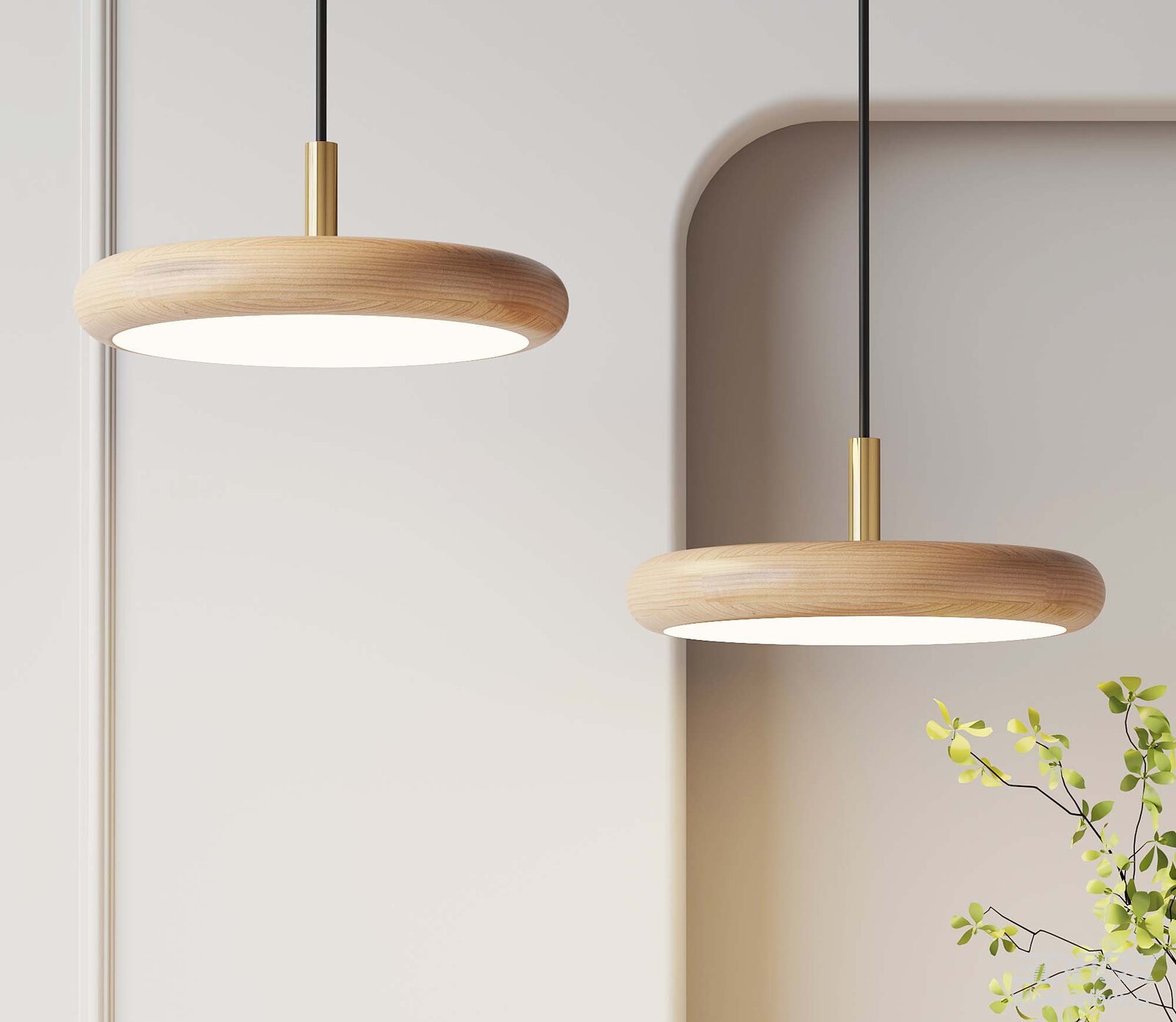 Wabi Sabi Wooden Pendant Ceiling Lamp with Brass Detail