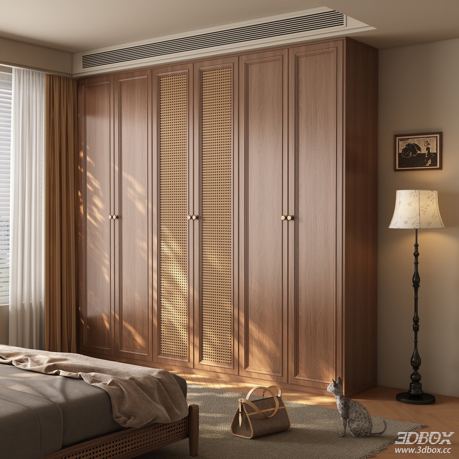 Vintage Rattan Panel Wooden Wardrobe Bedroom Furniture