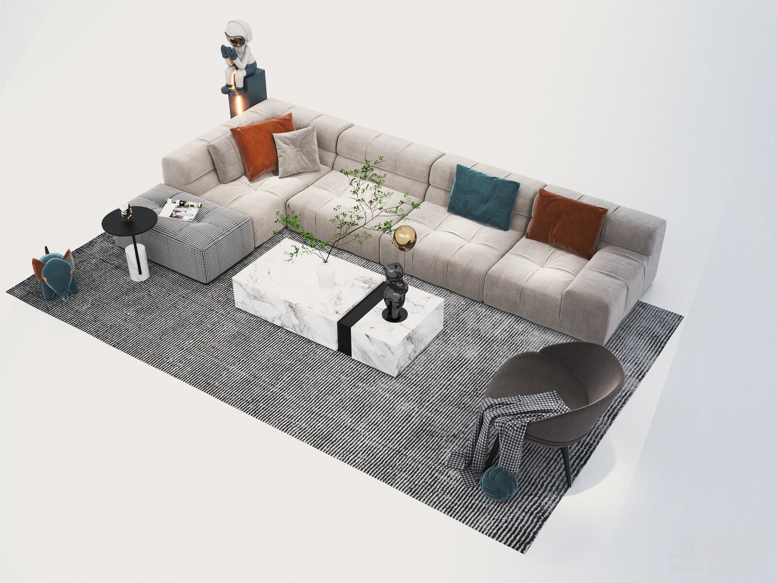 Modern Velvet Sofa Set with Marble Coffee Table and Armchair