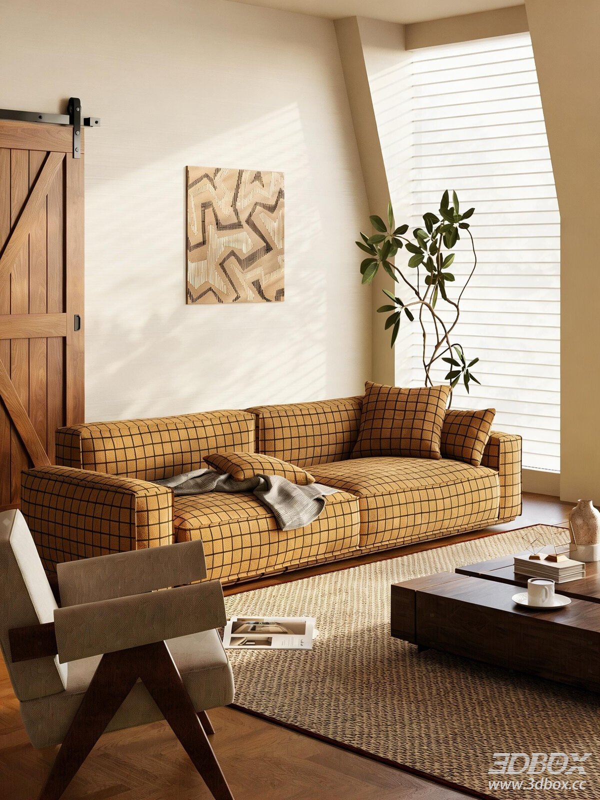 Mid-Century Modern Grid Fabric Sofa Set
