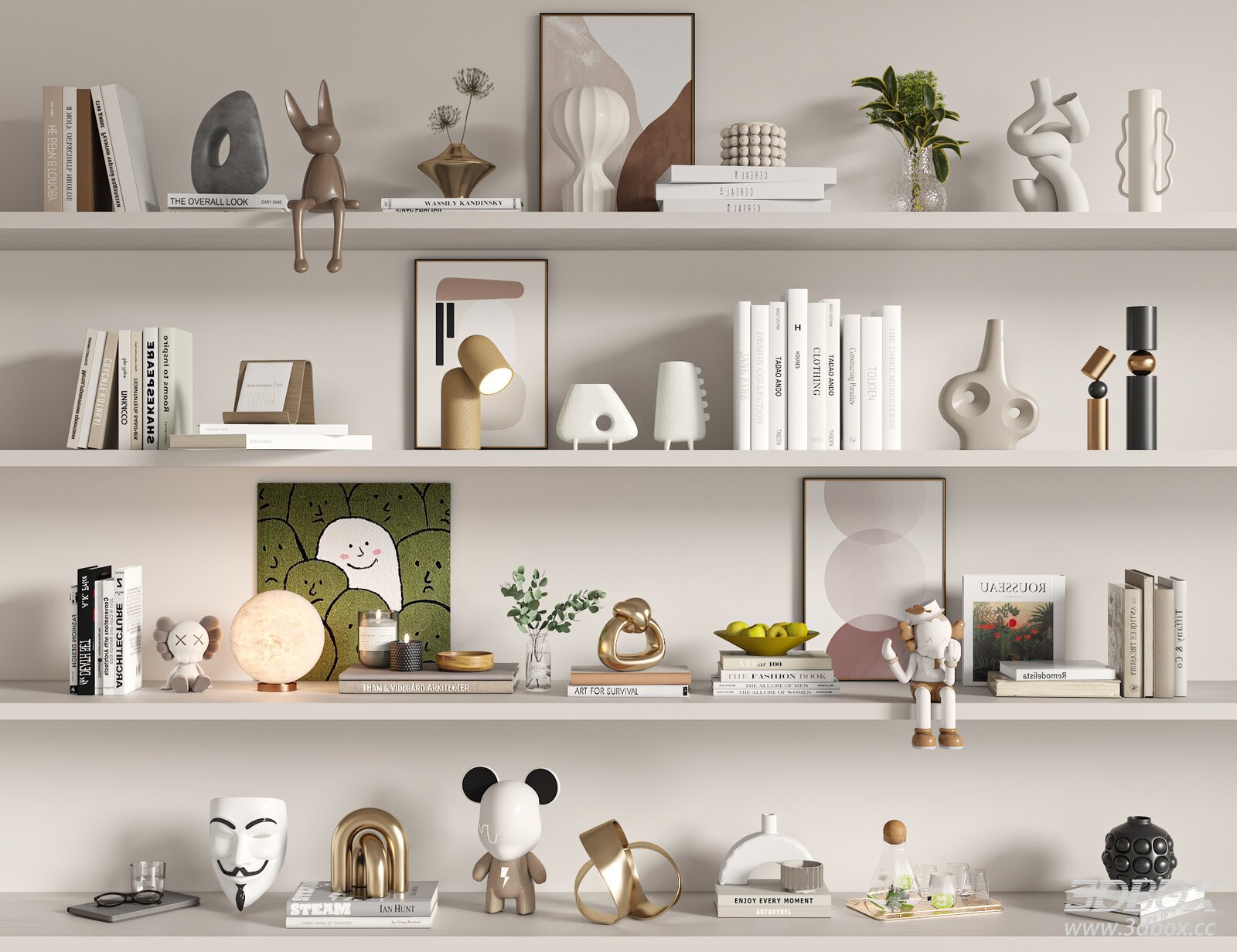 Modern Decorative Set with Books Sculptures Vases and Lamps