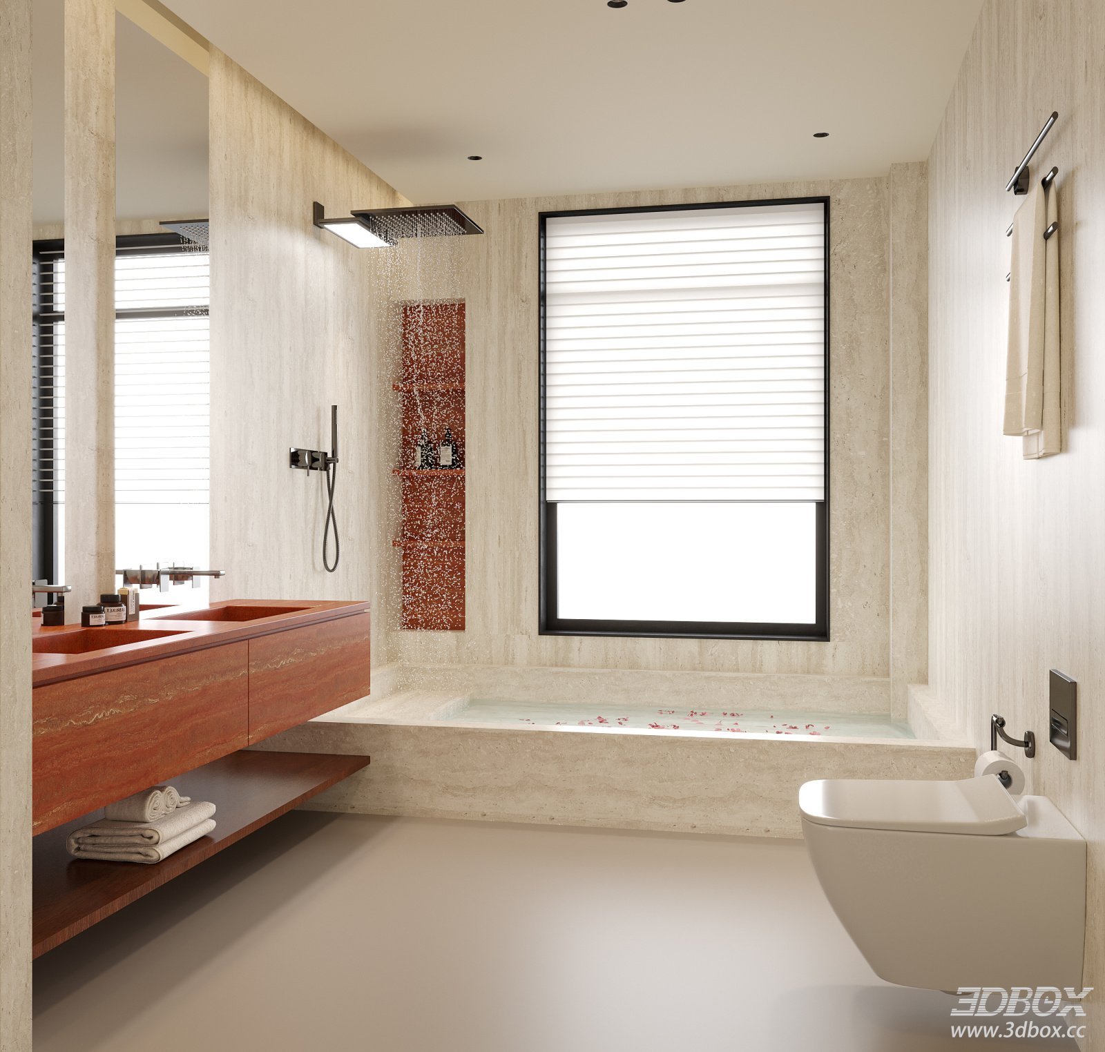 Modern Minimalist Bathroom Scene with Rain Shower and Vanity