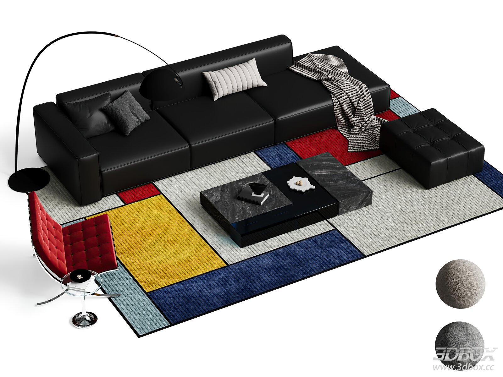 Modern Black Leather Sofa Set with Marble Coffee Table