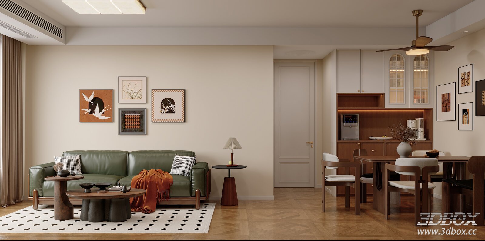 Mid-century Cream Style Living and Dining Room Interior