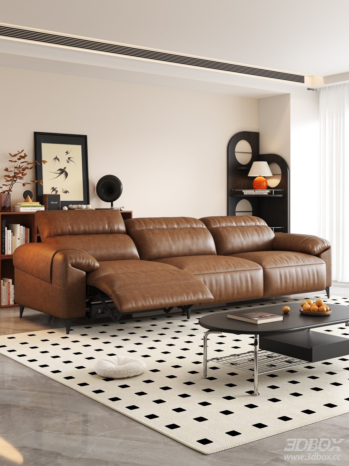 Mid Century Modern Brown Leather Recliner Sofa Set