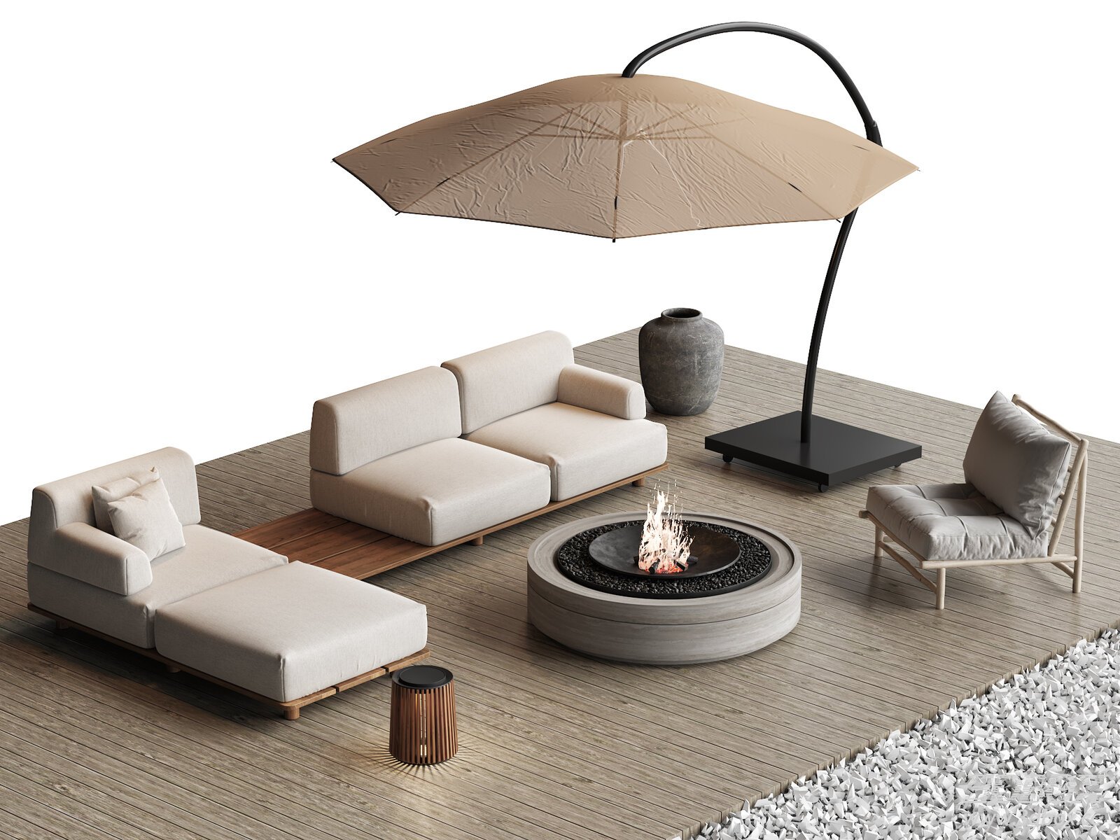 Modern Outdoor Patio Furniture Set with Fire Pit and Parasol