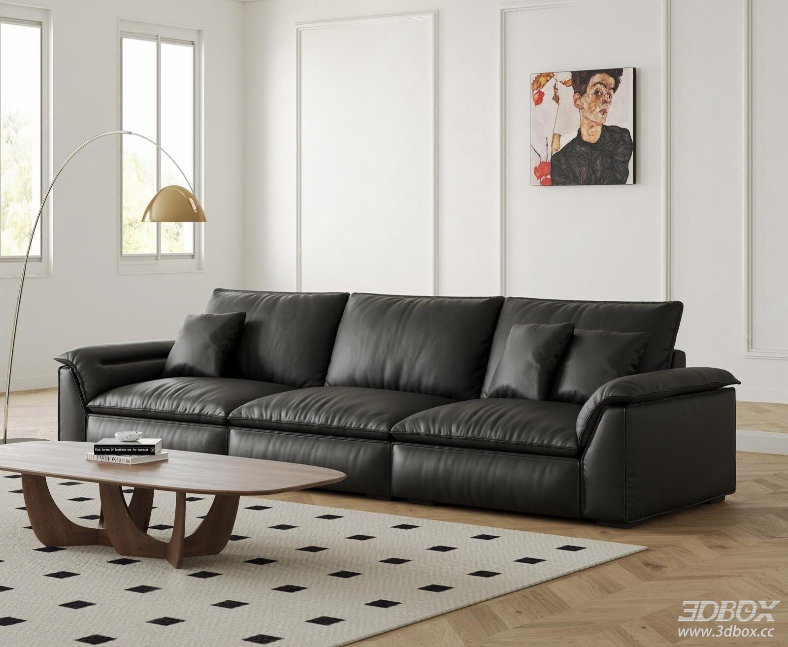 Modern Black Leather Sofa Set with Wooden Coffee Table