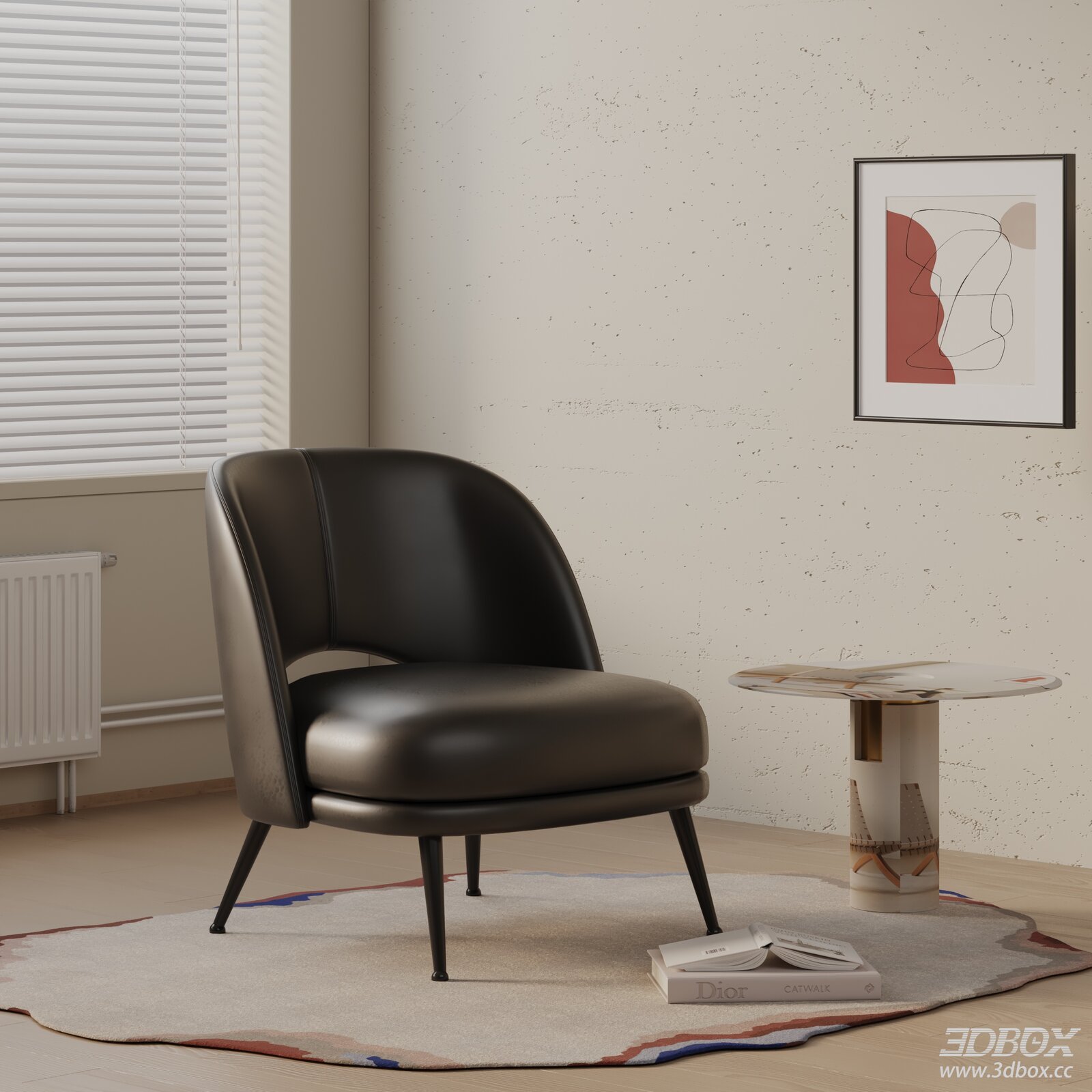 Modern Minimalist Dark Leather Armchair with Metal Legs