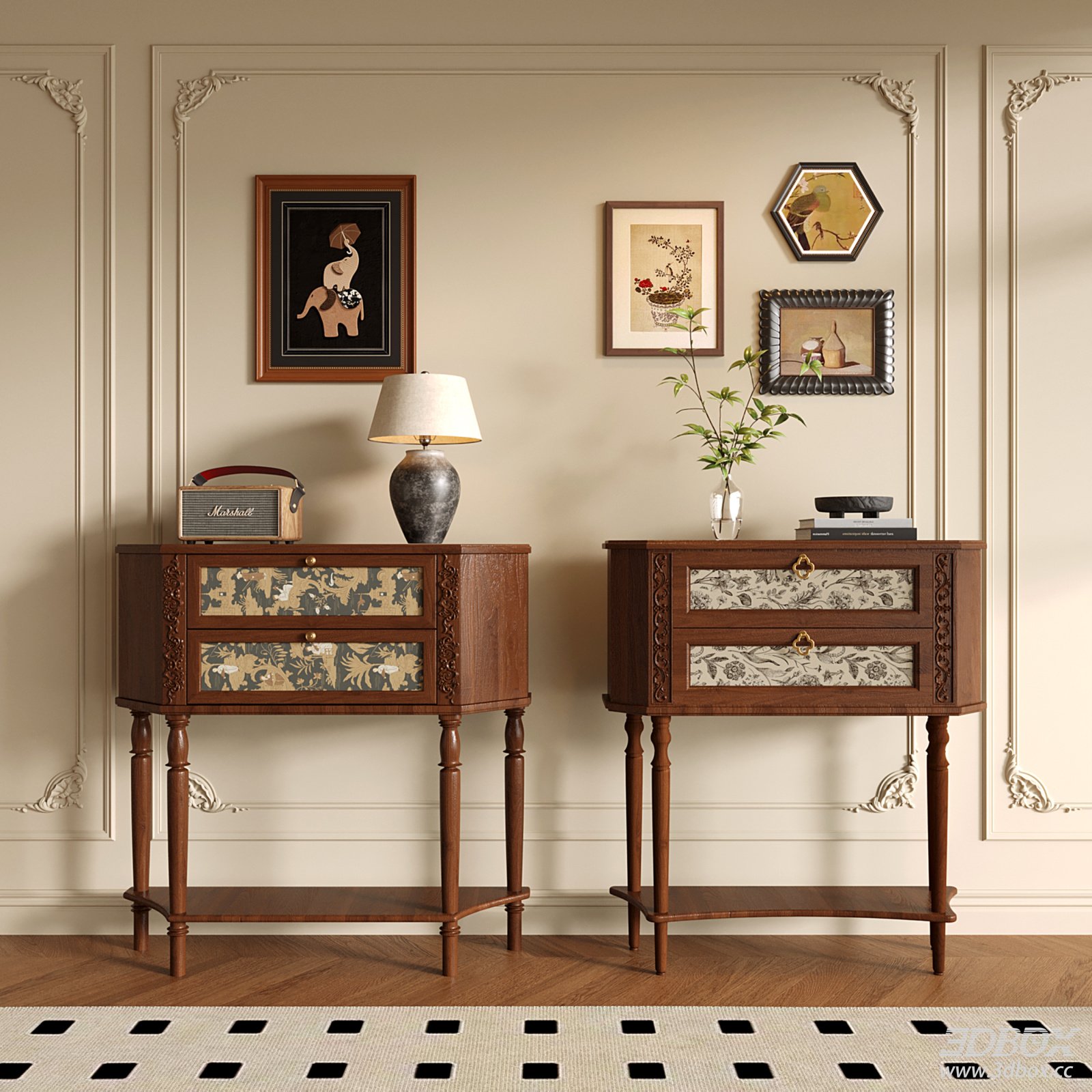 French Vintage Carved Wooden Console Table Set