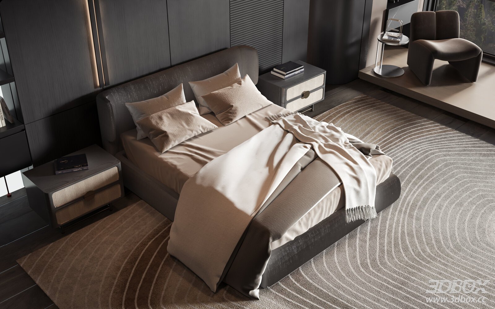 Modern Luxury Minimalist Bedroom Scene with Upholstered Bed