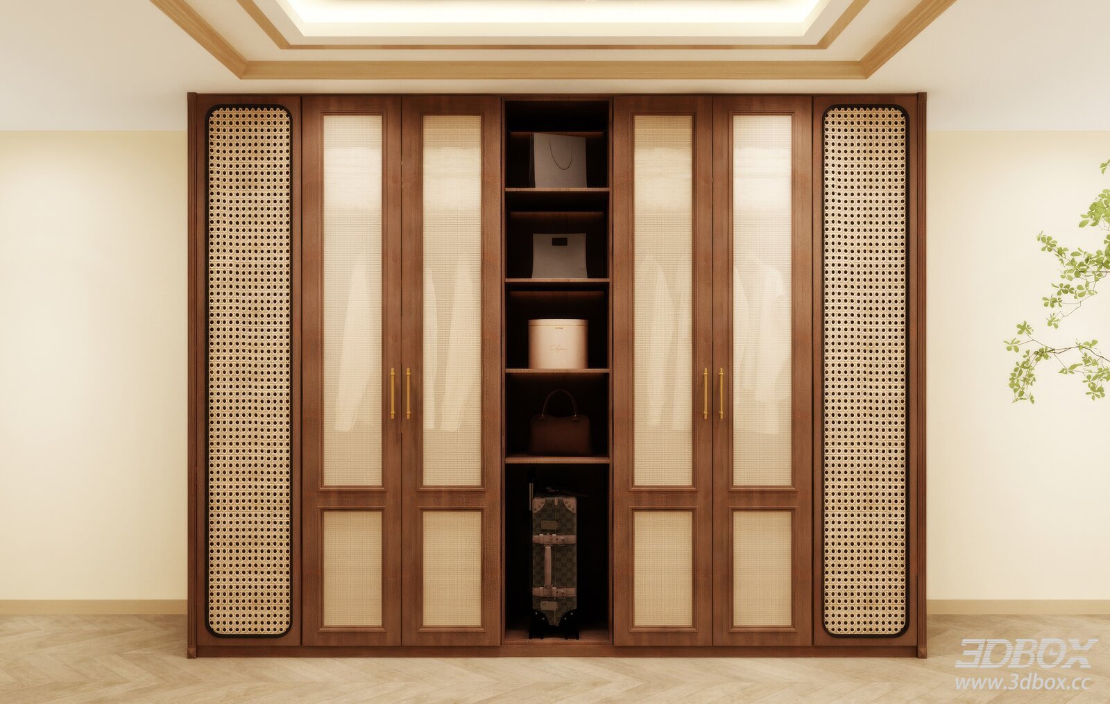 Rattan Design Wooden Wardrobe with Storage Compartments