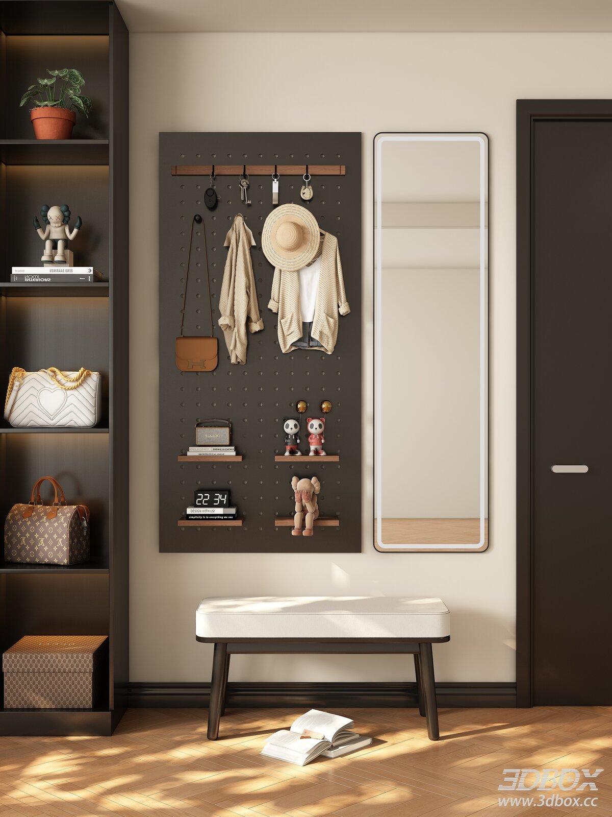 Mid-century modern hallway entryway with pegboard and full mirror