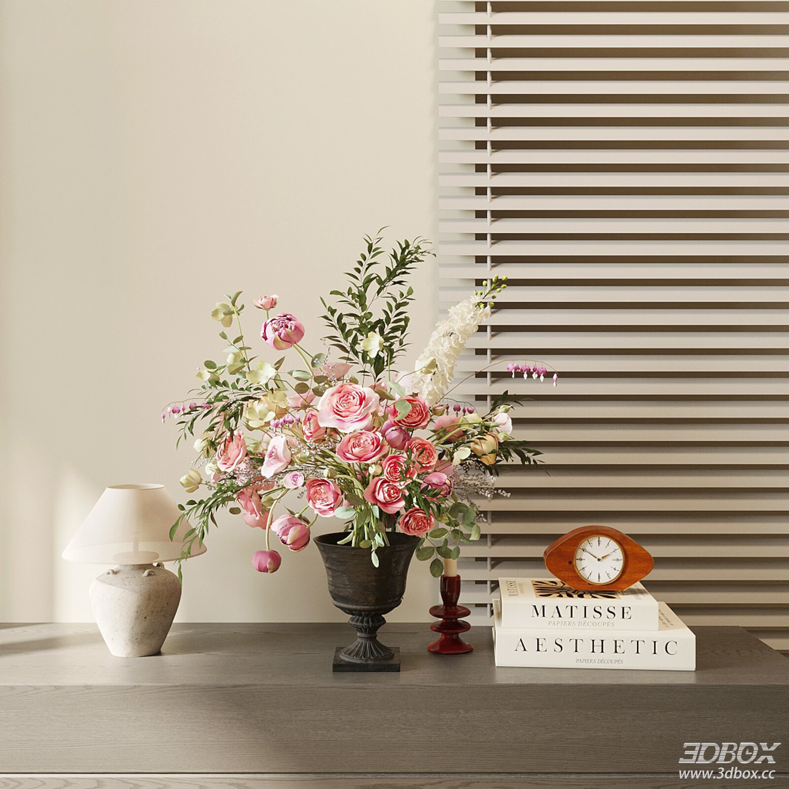 Decorative Set with Flower Bouquet Vase Table Lamp Books Clock