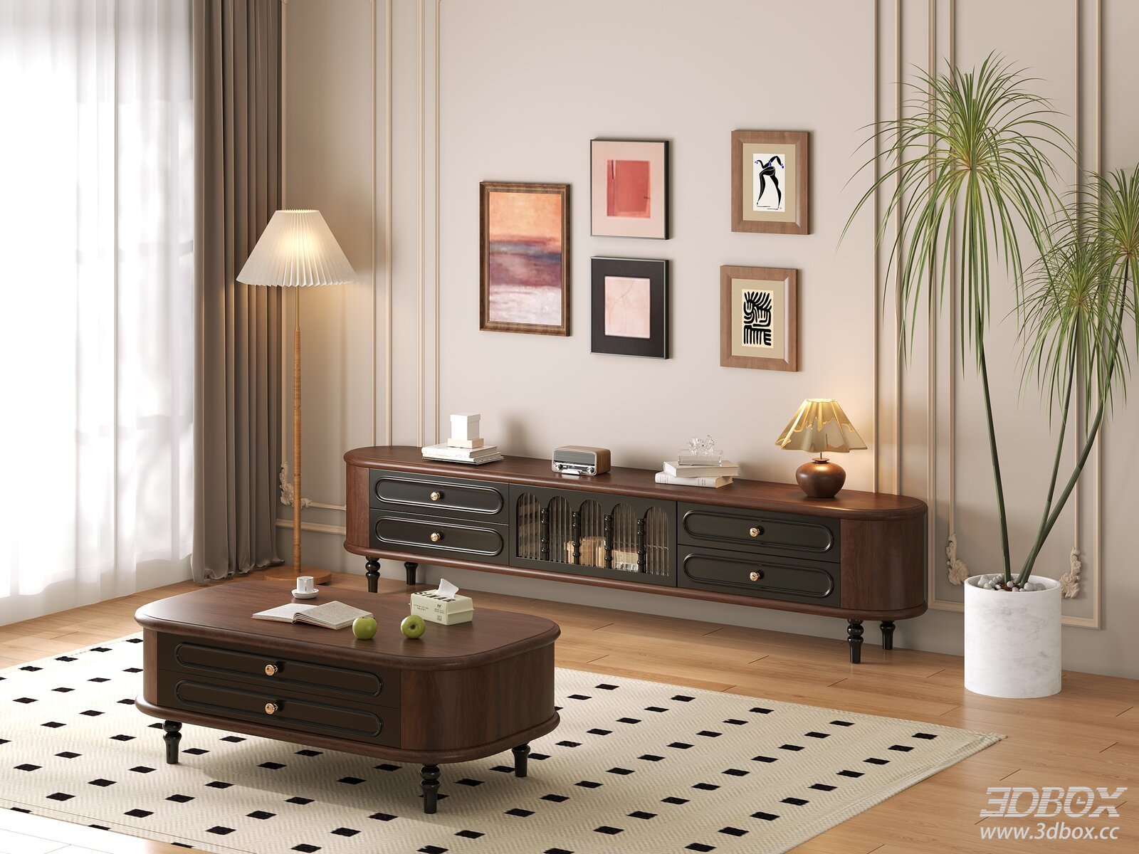 Mid-century modern living room with coffee table and TV cabinet