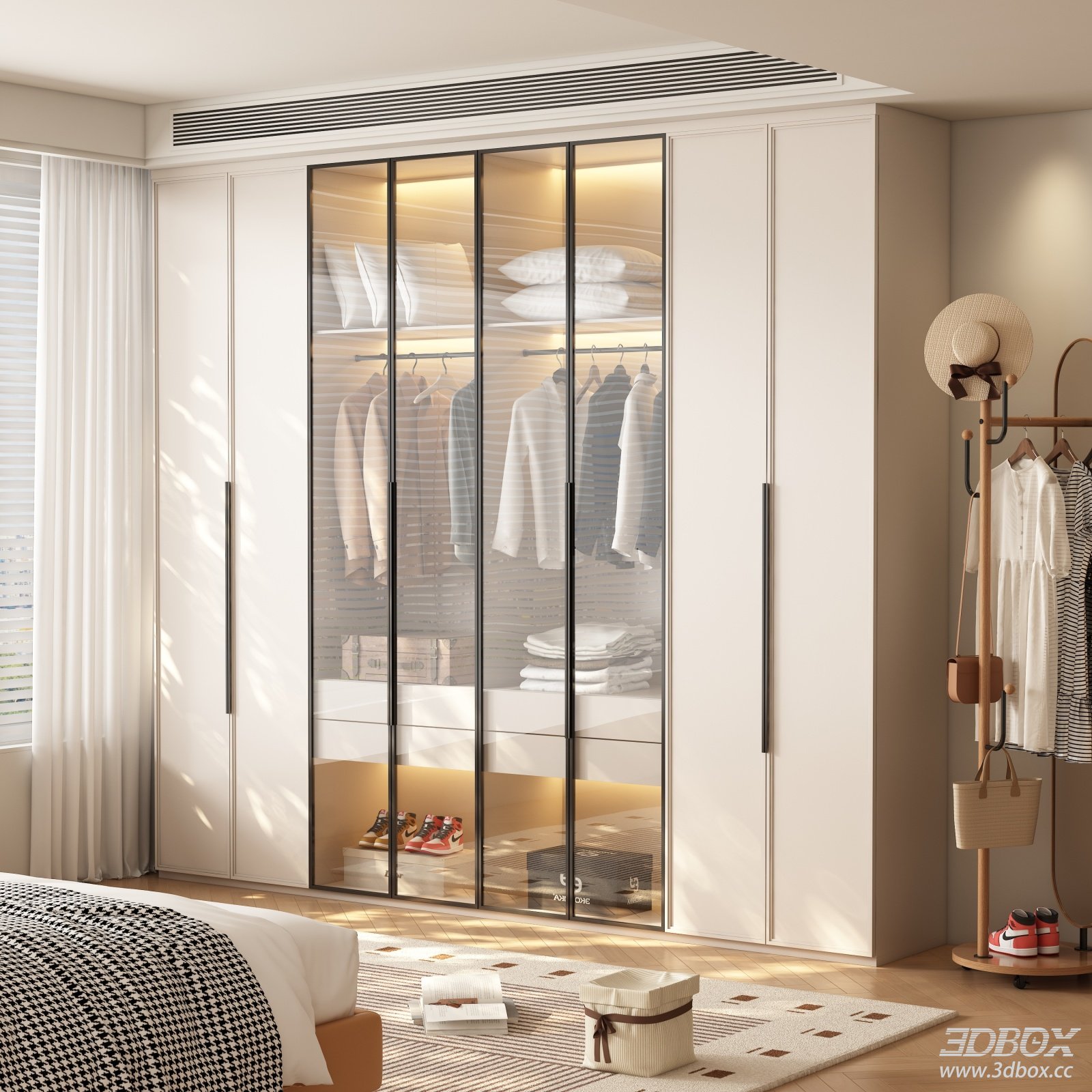 Modern Cream Style Glass Door Wardrobe for Bedroom