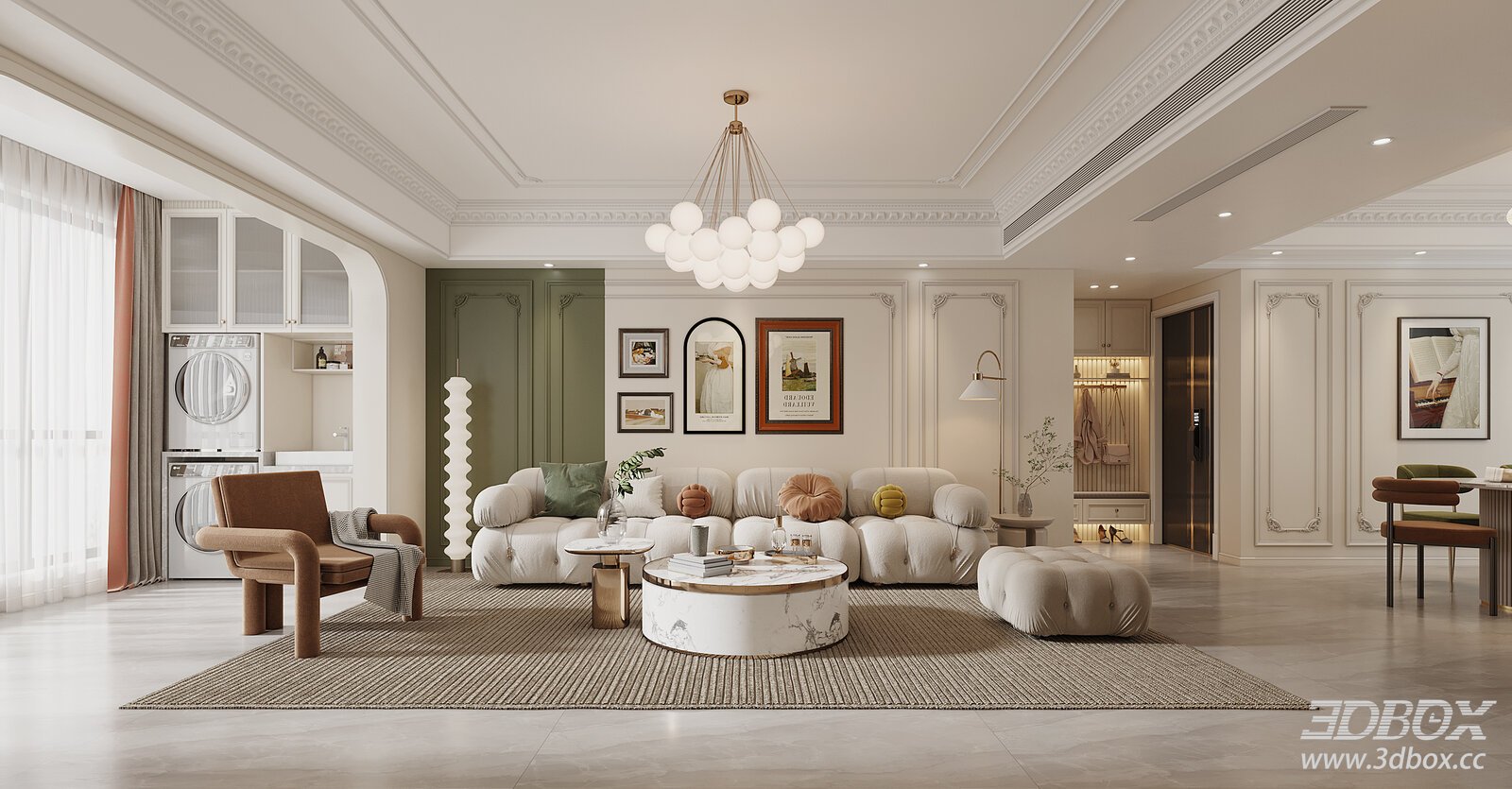 French Cream Style Living and Dining Room Interior Scene