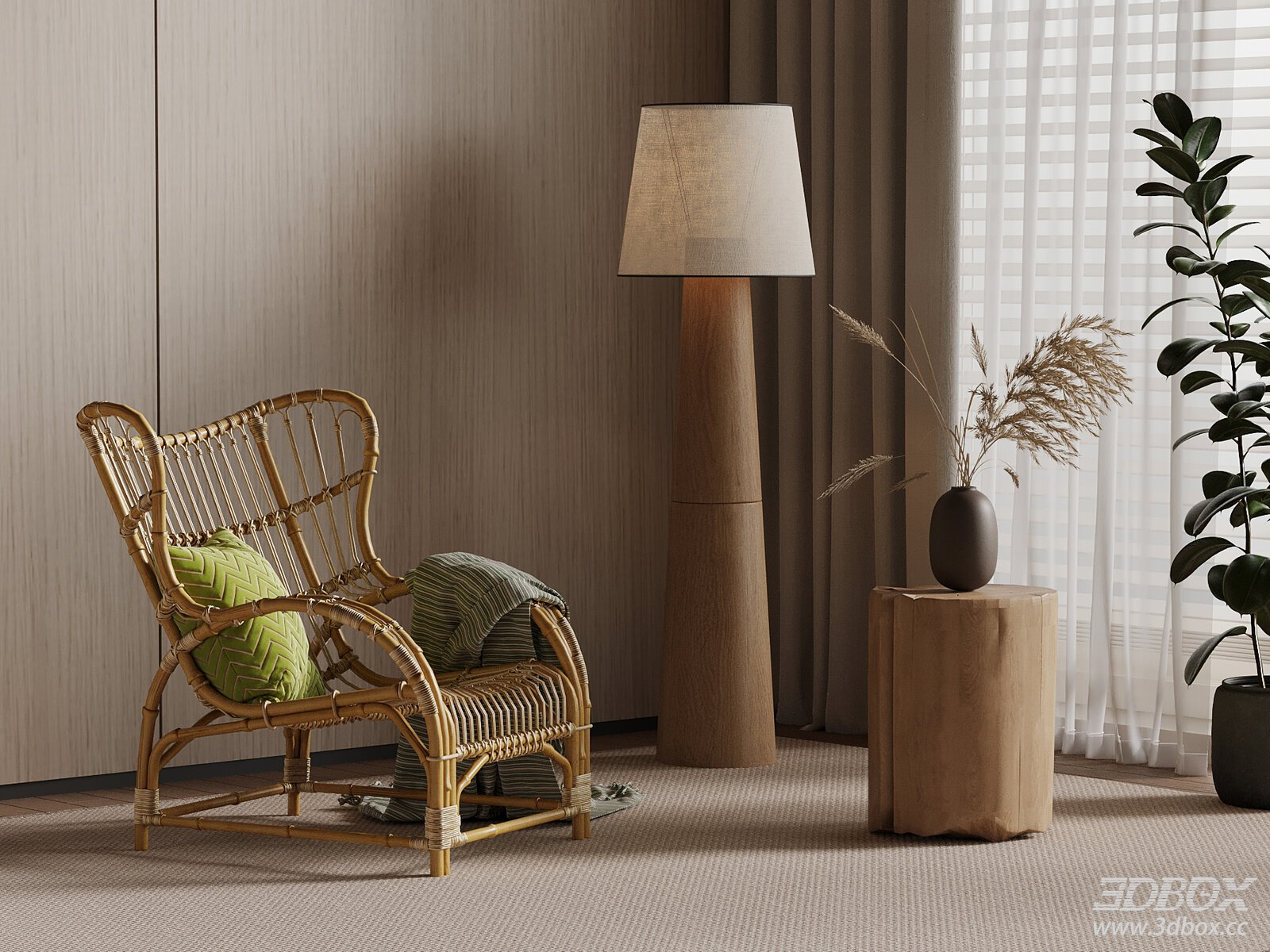 New Chinese Style Rattan Armchair with Floor Lamp and Side Table