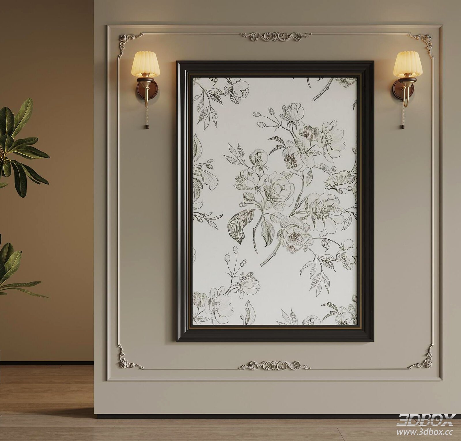 Vintage Floral Sketch Decorative Painting with Wall Sconces