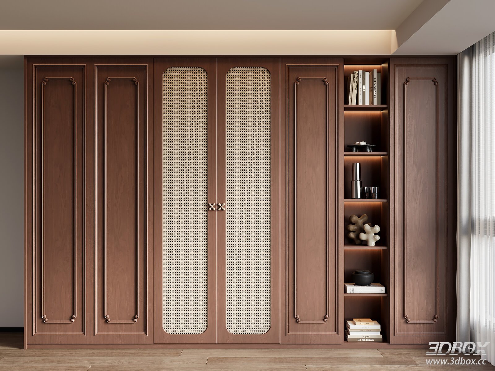 Mid Century Modern Wooden Rattan Wardrobe with Display Shelves