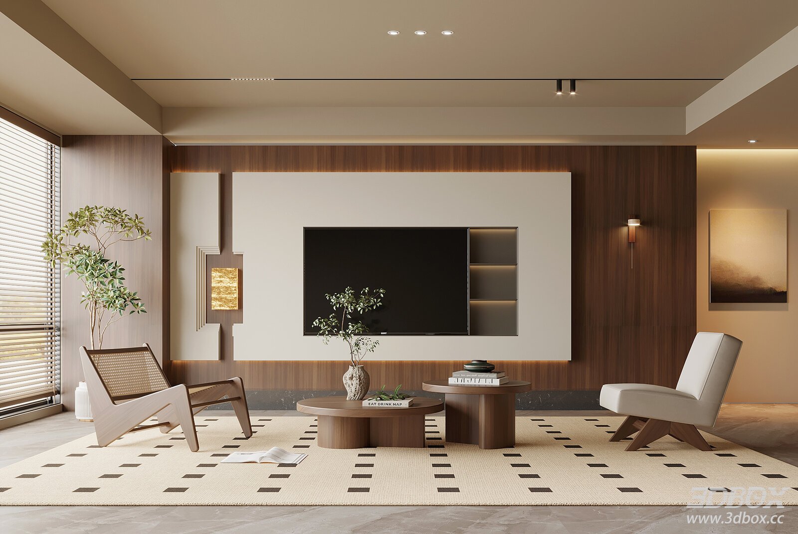 Mid Century Modern Wabi Sabi Living Room with TV Wall and Seating Set