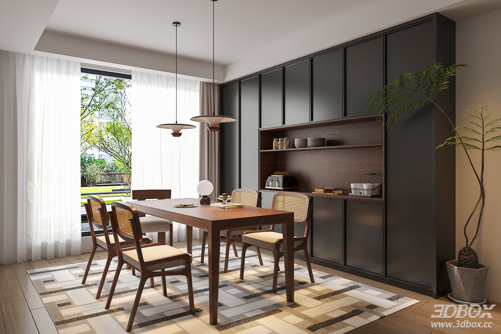Wabi Sabi Style Modern Dining Room with Table Chairs Sideboard