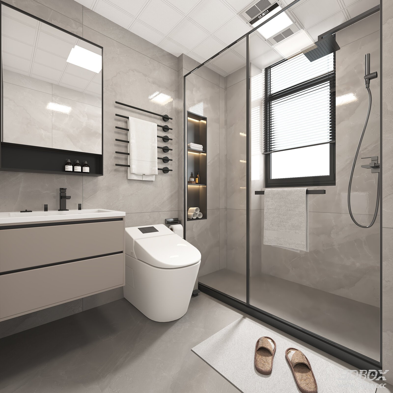 Modern Minimalist Bathroom Scene with Smart Toilet and Shower Enclosure
