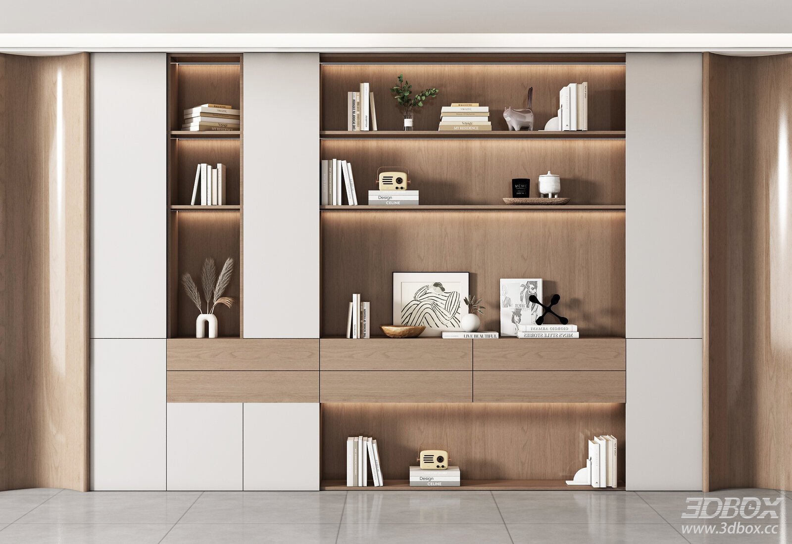 Modern Built-in Bookshelf Display Cabinet with Decorations