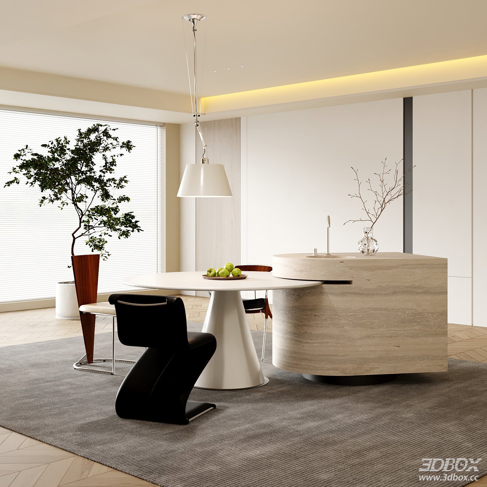 Modern Minimalist Dining Room with Kitchen Island