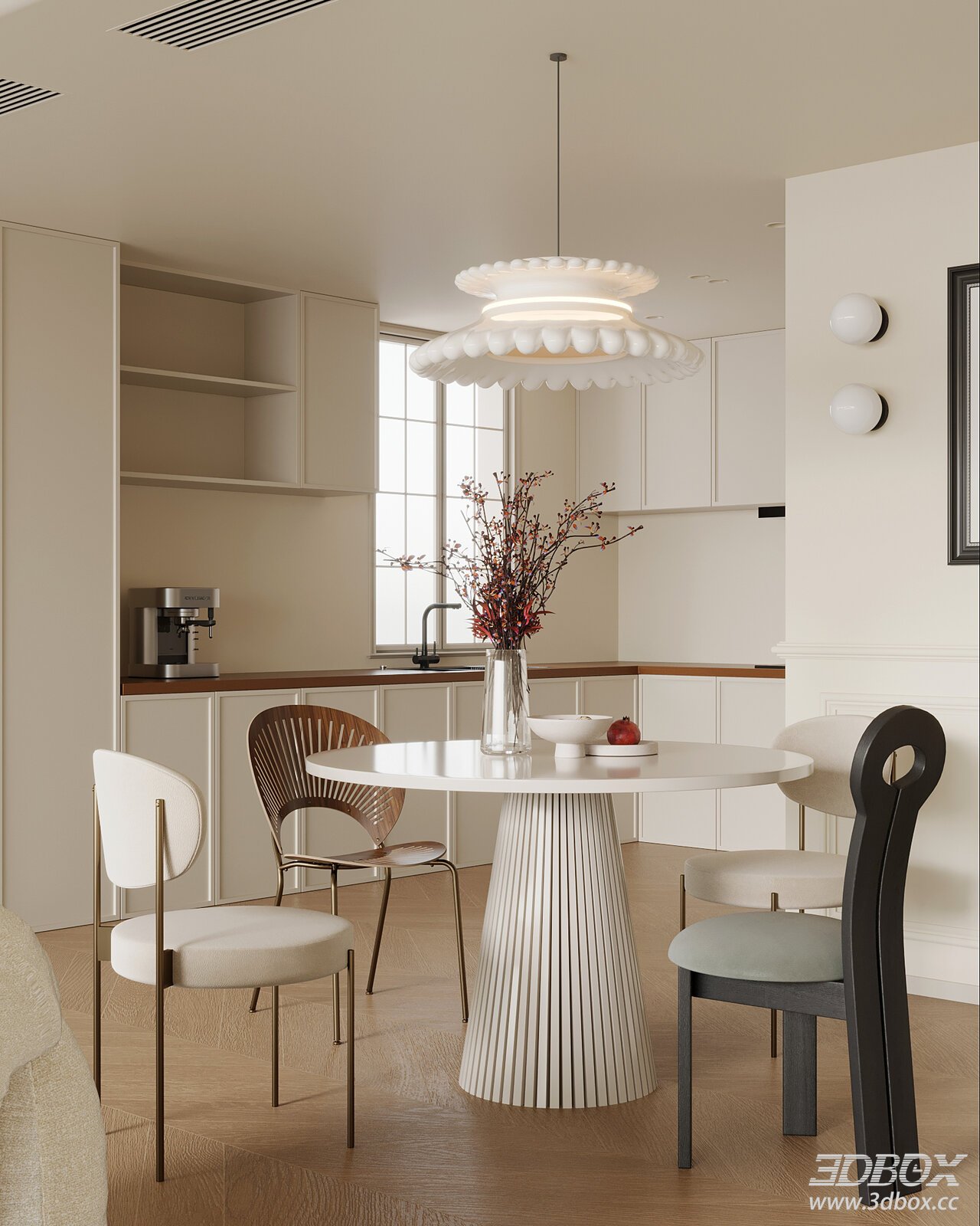French Cream Style Kitchen Dining Room Interior Scene