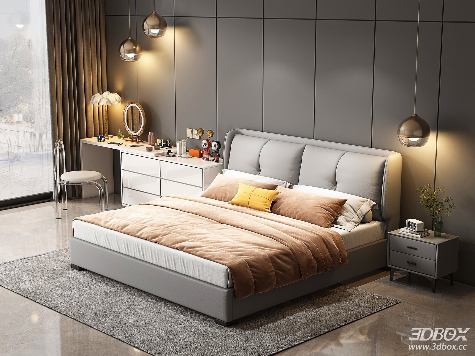 Modern Minimalist Luxury Bedroom with Leather Bed and Dressing Table
