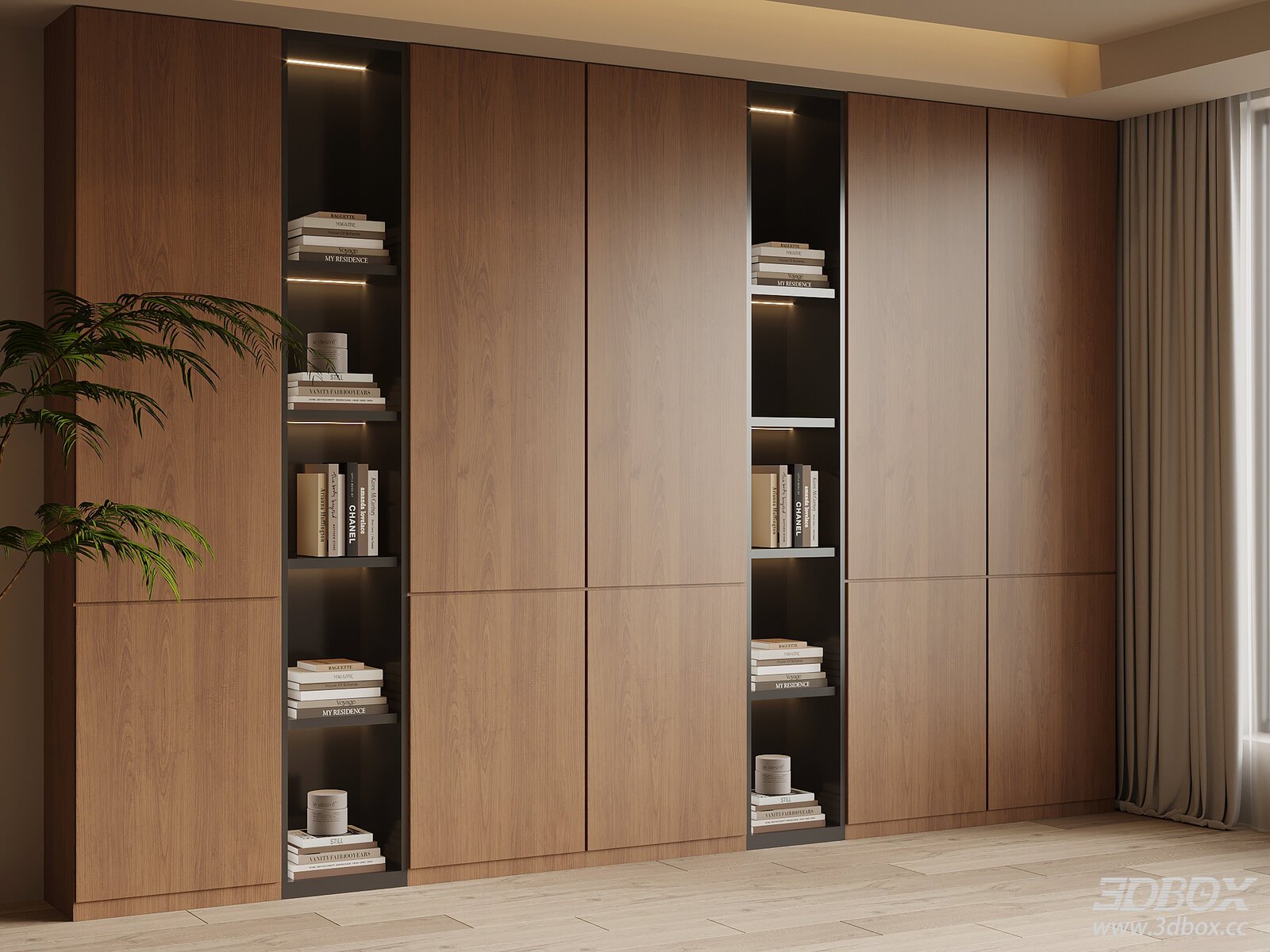 Mid Century Walnut Wood Built-in Book Display Cabinet