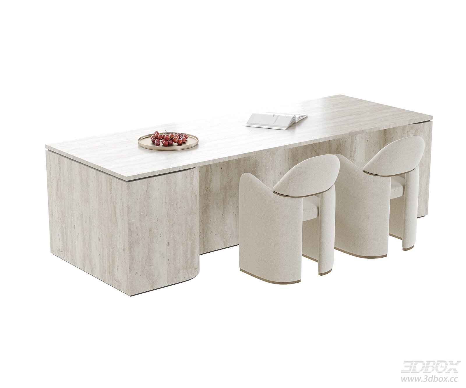 Modern Travertine Dining Table and Fabric Chairs Set