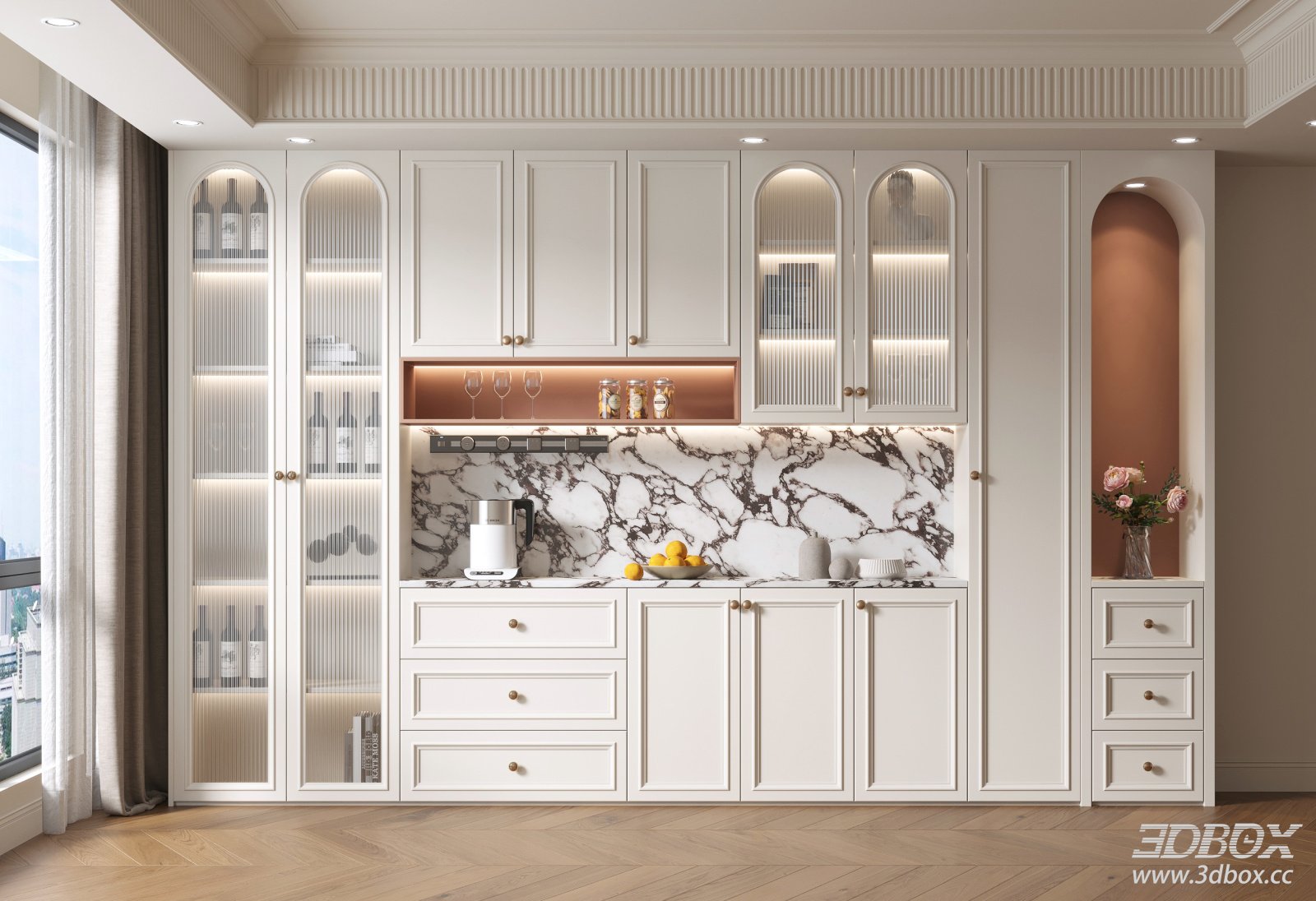French Style Luxury Wine Cabinet Sideboard with Marble Countertop