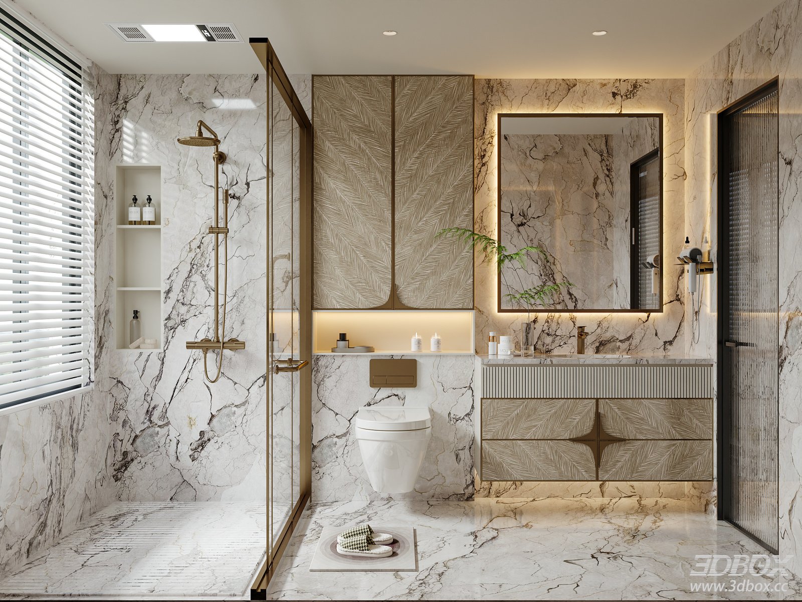 Luxury Modern Marble Bathroom Scene with Vanity and Shower