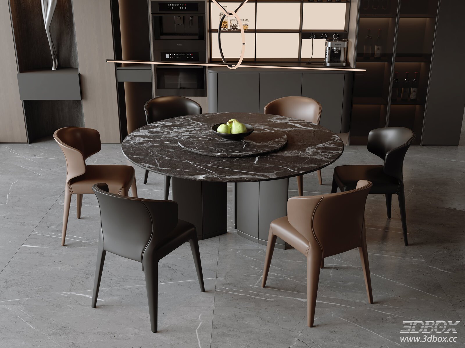 Modern Italian Round Marble Dining Table and Leather Chairs Set
