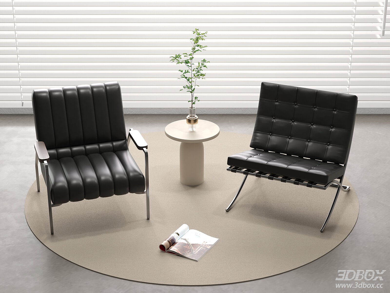 Modern Black Leather Metal Frame Armchair Set with Side Table