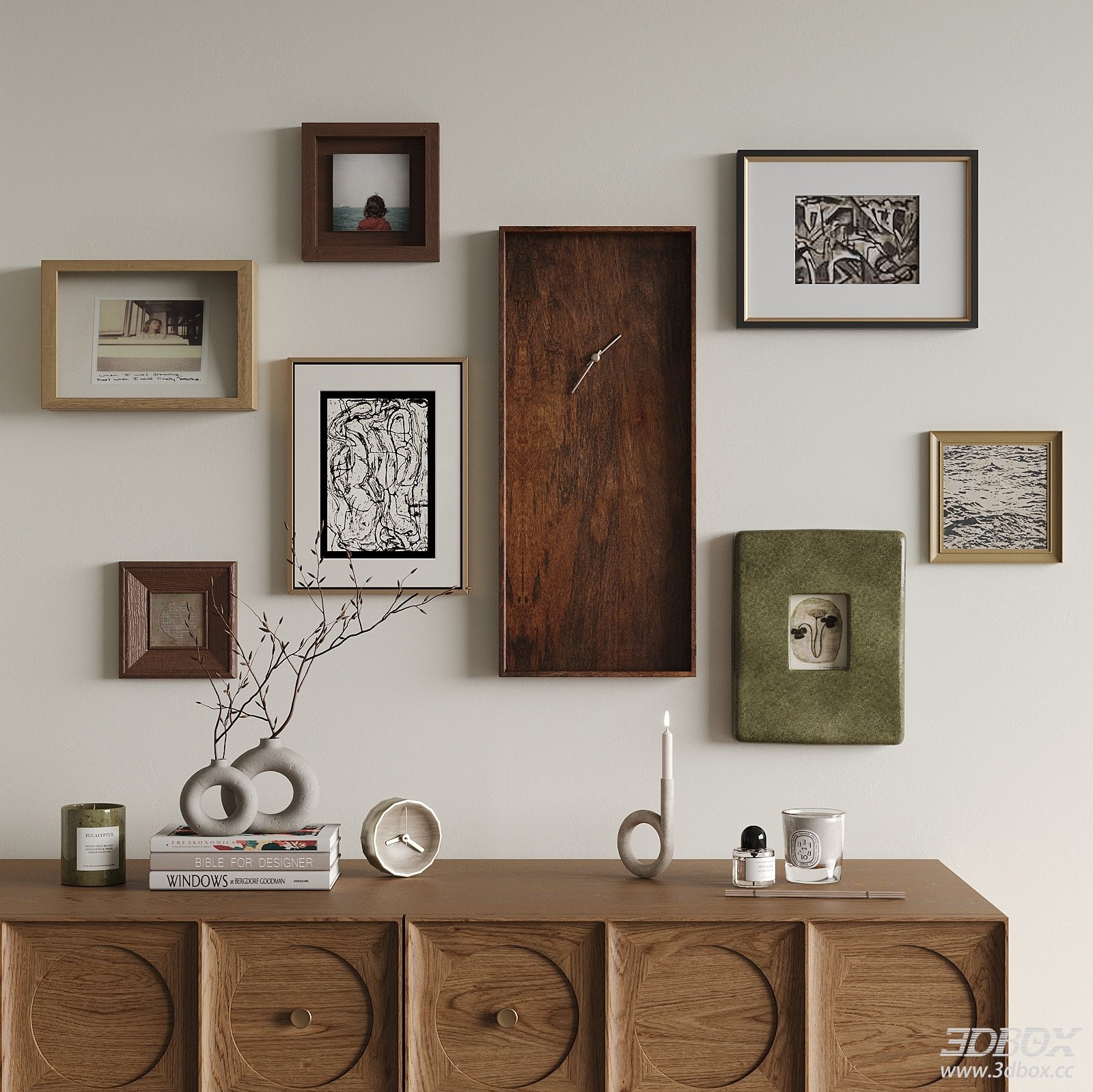 Modern Decor Set With Photo Frames Clock Vase Books
