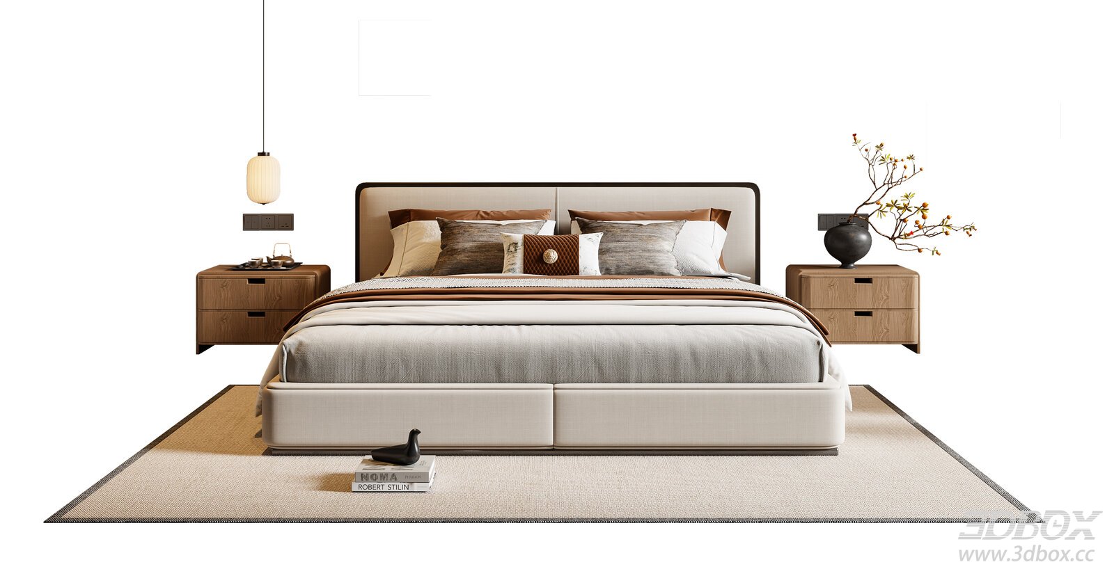 New Chinese Style Fabric Double Bed Set with Nightstands