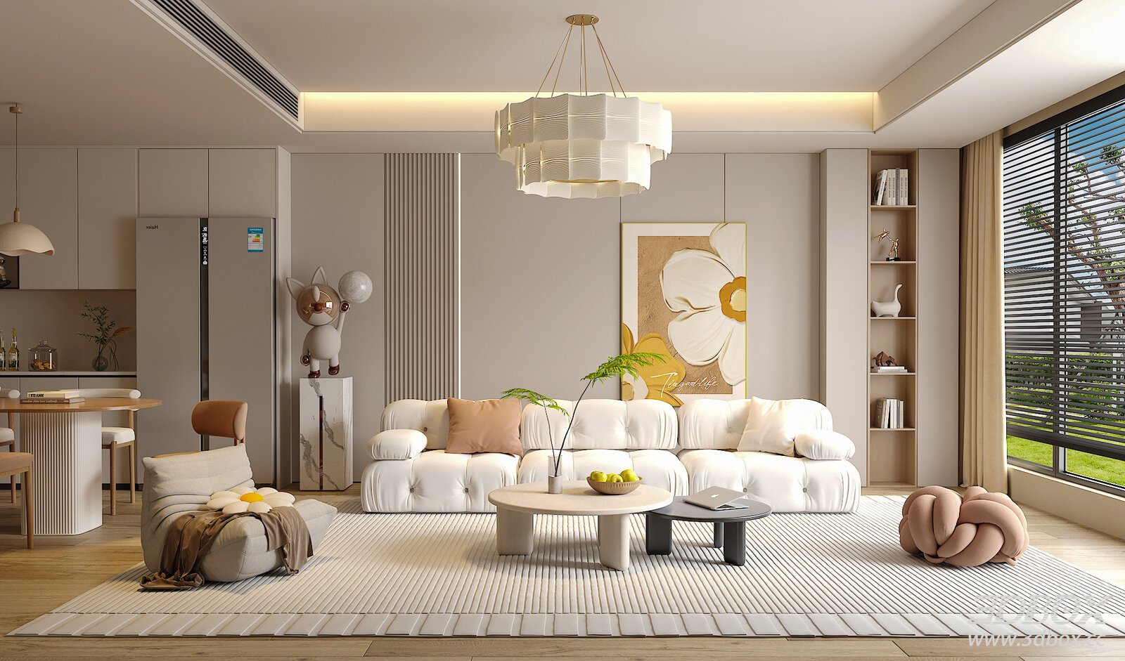 Cream Style Modern Living and Dining Room Interior Scene