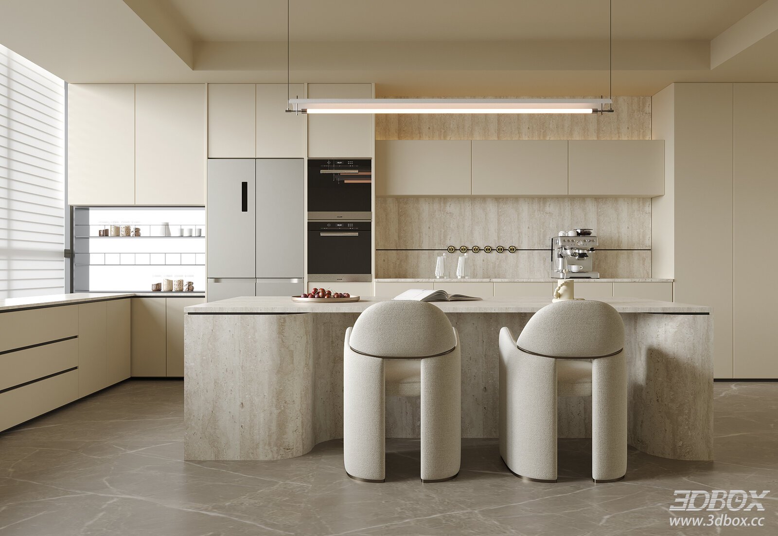 Modern Minimalist Kitchen and Dining Room with Island