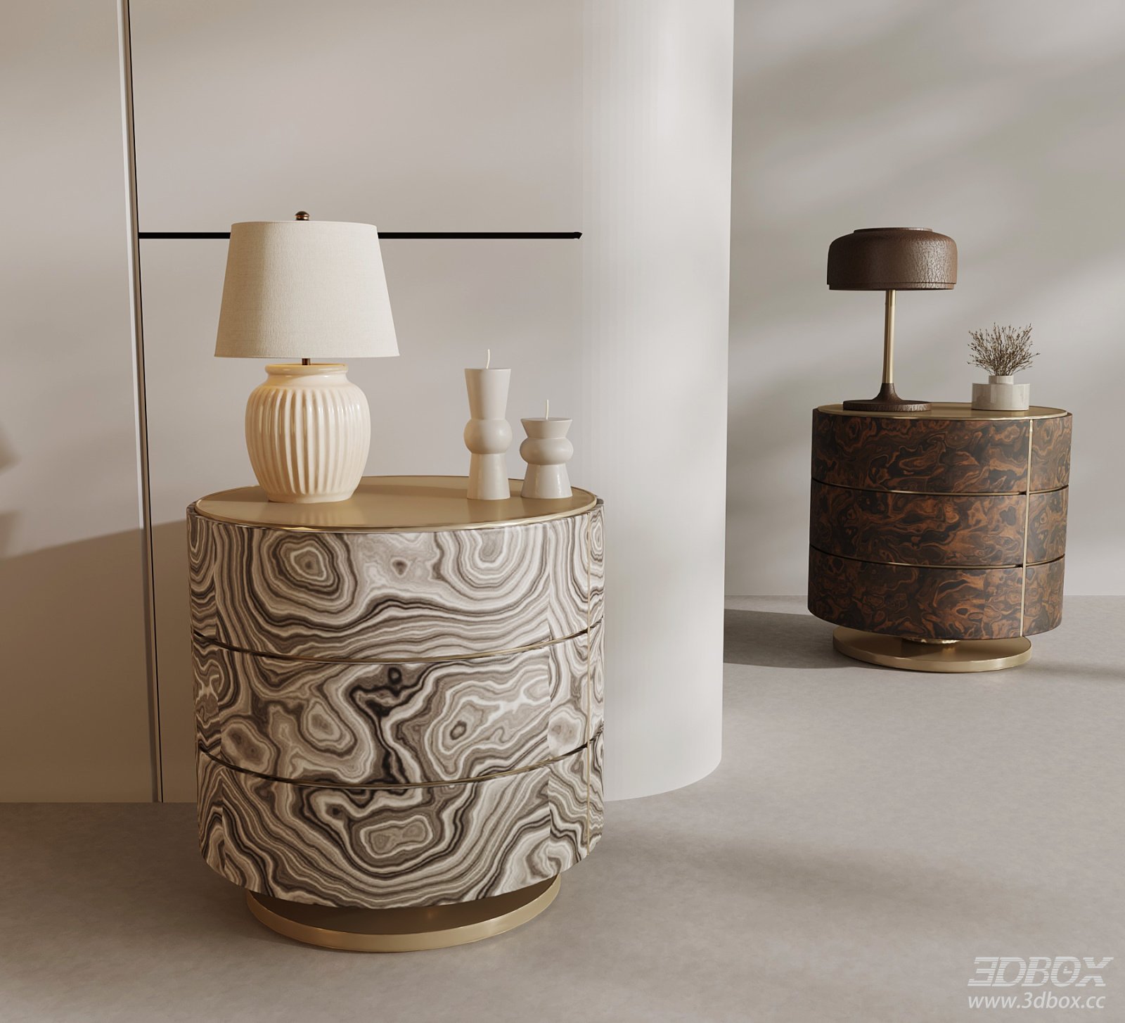 Modern Luxury Burl Wood Brass Side Table Nightstand Set