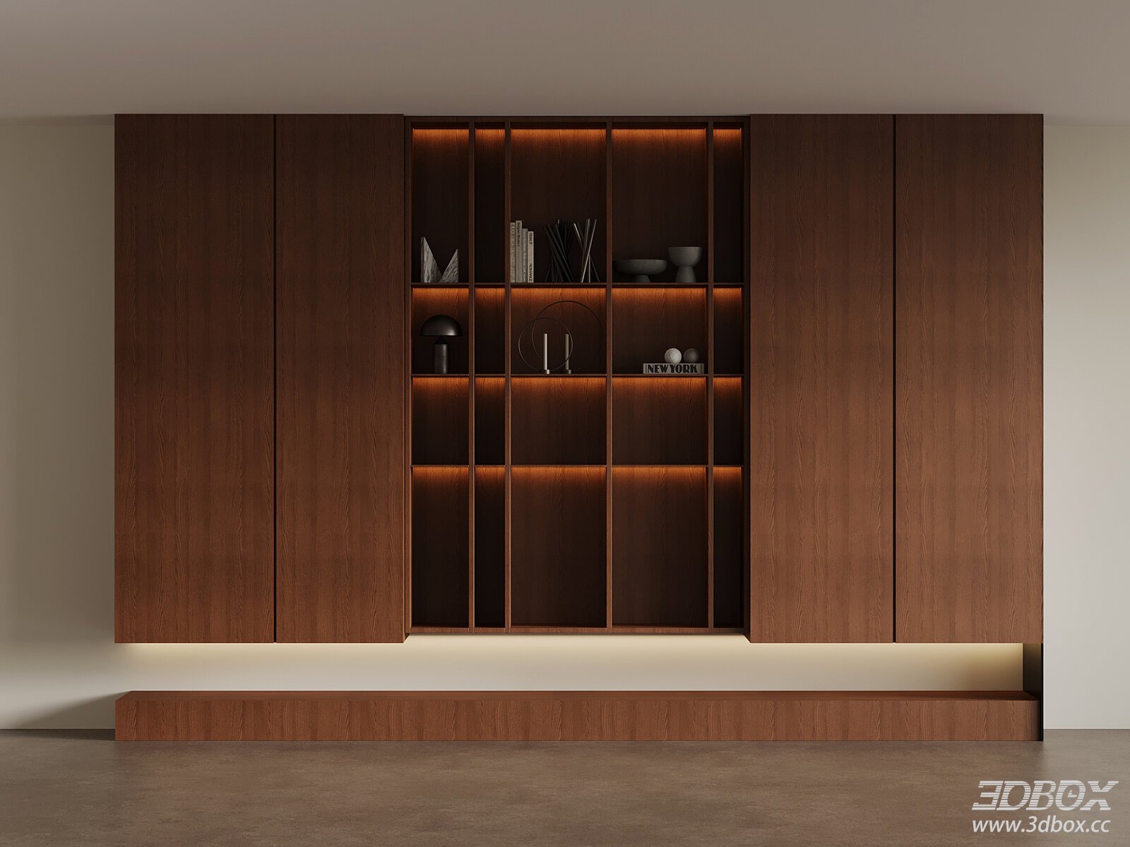 Mid Century Walnut Wood Display Bookshelf with Built-in Lighting