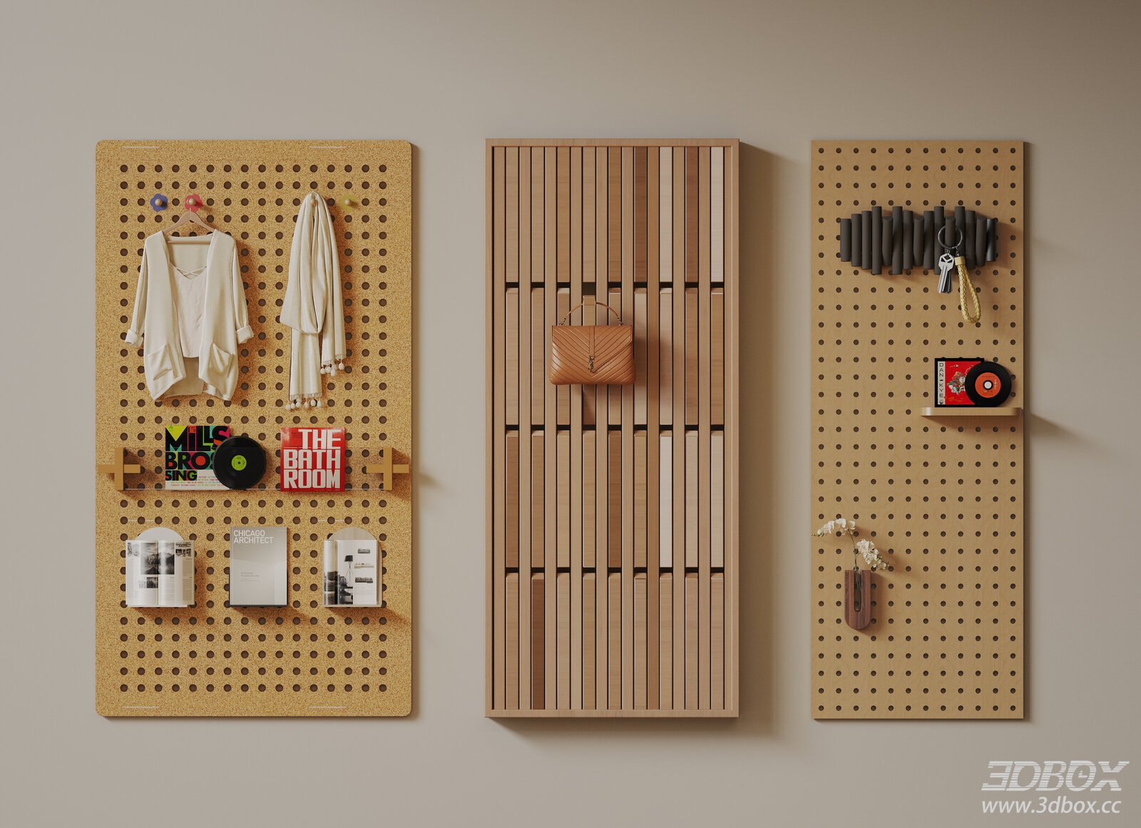 Modern Wooden Pegboard Wall Mounted Storage Rack Set